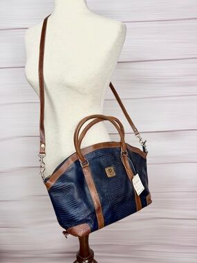 Roberto Roma Leather Satchel Bag Blue Brown Textured Crossbody Top Handle Vng